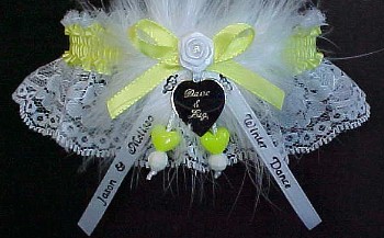 Personalized Winter Dance Garter on white lace with Double Hearts, Engraved Heart Charm, Personalized Ribbon Tails. garders, garder