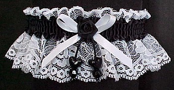 White and Black Garters with Double Hearts for Wedding Bridal or Prom.