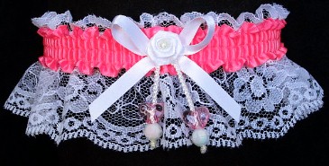 Neon Pink Garter with AB Double Hearts on White Lace for Wedding Bridal Prom Valentine