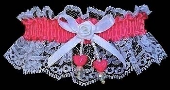 Shocking Pink Double Hearts Garter on White Lace for Wedding Bridal Prom Dance
