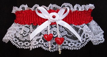 Red and White Garter with  Double Hearts on White Lace for Wedding Bridal Prom Valentine