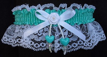 Tropic Blue Garter on White Lace for Wedding Bridal Prom with Double Hearts