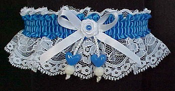 Aegean Blue Garter on White Lace for Wedding Bridal Prom with Double Hearts