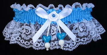 Neon Island Blue Garter with Blue Dbl Hearts on White Lace for Wedding Bridal Prom