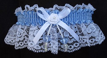 Bluebird Blue Garter w/ Double Hearts Garter on White Lace for Wedding Bridal Prom