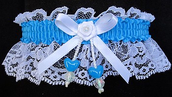 Turquoise Blue Garter w/ Double Hearts Garter on White Lace for Wedding Bridal Prom