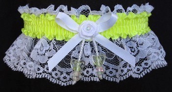 Neon Yellow Garter with AB Yellow Dbl Hearts on White Lace for Wedding Bridal Prom