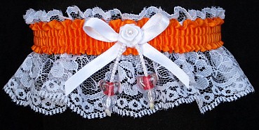 Neon Orange Garter with AB Double Hearts on White Lace for Wedding Bridal Prom