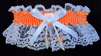 Tangerine Double Hearts Garter on White Lace for Wedding Bridal Prom Dance