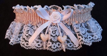 Peach Shadow Double Hearts Garter on White Lace for Wedding Bridal Prom
