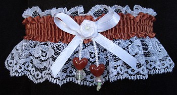 Copper Penny Double Hearts Garter on White Lace for Wedding Bridal Prom