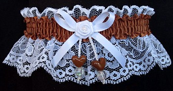 Coffee Double Hearts Garter on White Lace for Wedding Bridal Prom Dance