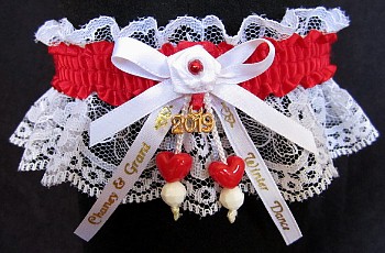 Personalized Winter Dance Garter on white lace with Double Hearts, Year Charm, Imprinted Ribbon Tails. garders, garder