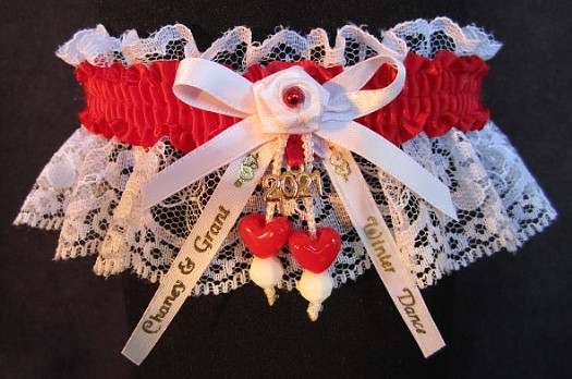 Personalized Winter Dance Garter on white lace with Double Hearts, Year Charm, Imprinted Ribbon Tails. garders, garder