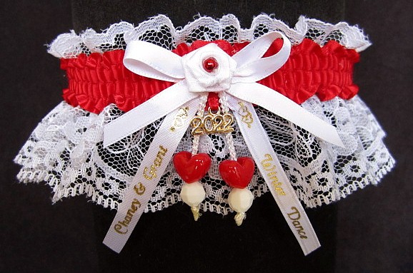 Personalized Winter Dance Garter on white lace with Double Hearts, Year Charm, Imprinted Ribbon Tails. garders, garder