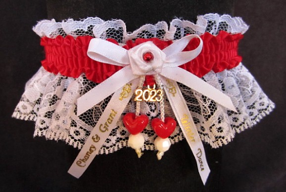 Personalized Winter Dance Garter on white lace with Double Hearts, Year Charm, Imprinted Ribbon Tails. garders, garder