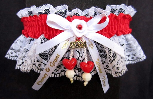 Personalized Winter Dance Garter on white lace with Double Hearts, Year Charm, Imprinted Ribbon Tails. garders, garder