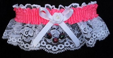 Neon Pink Garter with Pink AB Faceted Beads on White Lace for Wedding Bridal Prom