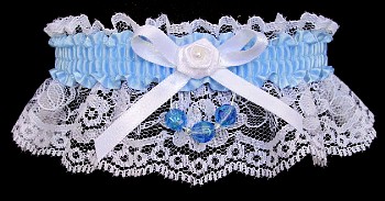 Lt Blue Garter w/ Faceted Beads on White Lace for Wedding Bridal Prom