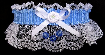 Blue Mist Garter w/ Faceted Beads on White Lace for Wedding Bridal Prom