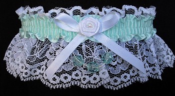 Crystalline Blue Green Garter on White Lace for Wedding Bridal Prom with Faceted Beads