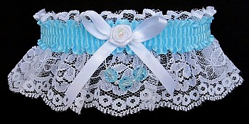 Ocean Blue Garter on White Lace for Wedding Bridal Prom with Faceted Beads