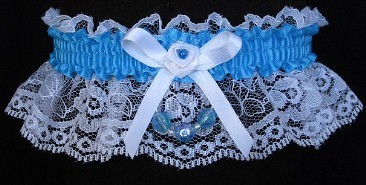 Neon Island Blue Garter with Blue Faceted Beads on White Lace for Wedding Bridal Prom