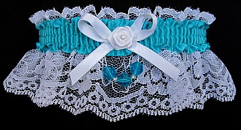 Tornado Blue Garter on White Lace for Wedding Bridal Prom with Faceted Beads