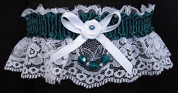 Teal Blue Garter w/ Faceted Beads on White Lace for Wedding Bridal Prom