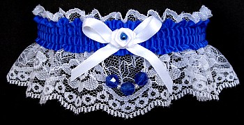 Electric Blue Neon Garter w/ Faceted Beads on White Lace for Wedding Bridal Prom