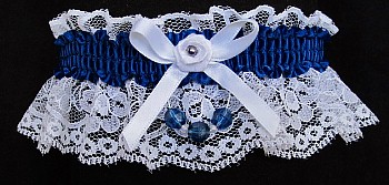 Lt Navy Blue Garter w/ Faceted Beads on White Lace for Wedding Bridal Prom