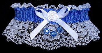 True Blue Garter w/ Faceted Beads on White Lace for Wedding Bridal Prom