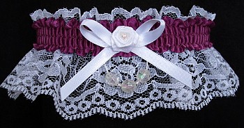 Purple Wine Faceted Beads Garter on White Lace for Wedding Bridal Prom