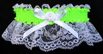 Neon Green Garter with AB Faceted Beads on White Lace for Wedding Bridal Prom