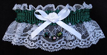 Hunter Green Faceted Beads Garter on White Lace for Homecoming