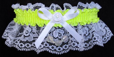 Neon Yellow Garter with Aurora Borealis Faceted Beads on White Lace for Wedding Bridal Prom