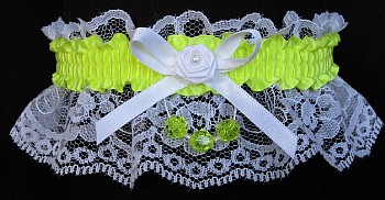 Neon Yellow Garter with Yellow Faceted Beads on White Lace for Wedding Bridal Prom