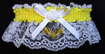 Daffodil Faceted Beads Garter on White Lace for Homecoming
