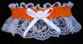 Neon Orange Garter with AB Faceted Beads on White Lace for Wedding Bridal Prom