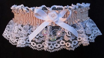 Peach Shadow AB Faceted Beads Garter on White Lace for Wedding Bridal Prom