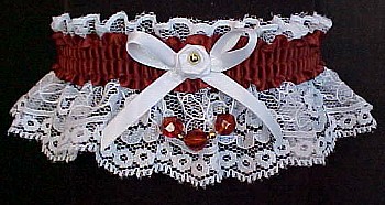 Auburn Faceted Beads Garter on White Lace for Wedding Bridal or Prom
