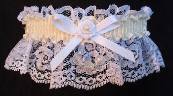 Ivory AB Faceted Beads Garter on White Lace for Wedding Bridal Prom