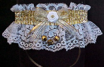 Gold Metallic Garters w/ Faceted Beads on white lace. Fancy Bands� Prom Garter - Wedding Garter - Bridal Garter
