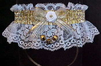 Swank It Up with Gold Metallic Fancy Bands Garters w/ Gold Faceted Beads on white lace. Prom Garter - Wedding Garter - Bridal Garter