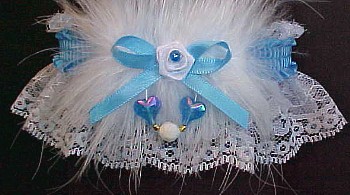 Prom Garter - Wedding Garter - Bridal Garter - White and Blue Aurora Borealis Hearts Garter w/ Colored Trim and Marabou Feathers on White Lace for Wedding Bridal or Prom.