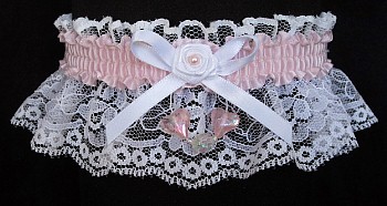 Icy Pink Aurora Borealis Hearts Garter on White Lace for Wedding Bridal Prom