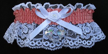 Blush Aurora Borealis Hearts Garter on White Lace for Wedding Bridal Prom