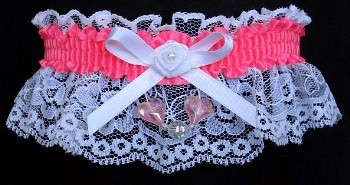 Neon Pink Garter with Pink Aurora Borealis Hearts on White Lace for Wedding Bridal Prom