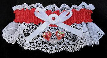 Red and White Garter with Aurora Borealis Hearts on White Lace for Wedding Bridal Prom Valentine