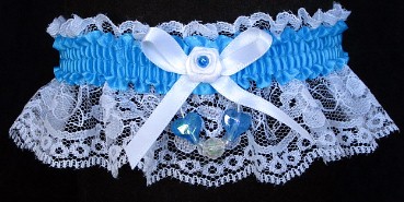 Neon Island Blue Garter with Blue Aurora Borealis Hearts on White Lace for Wedding Bridal Prom